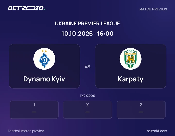 Dynamo Kyiv vs Karpaty: Ukraine Premier League match preview with team badges and kick-off details.