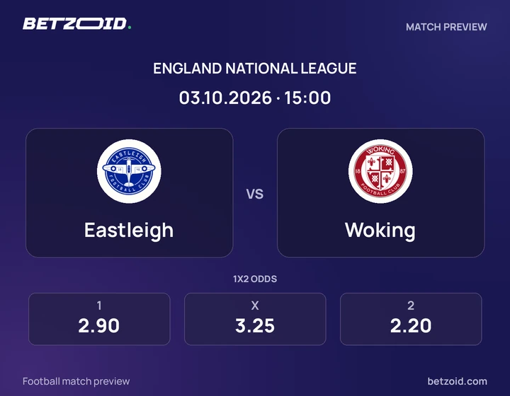 Eastleigh vs Woking: England National League match preview with team badges and kick-off details.