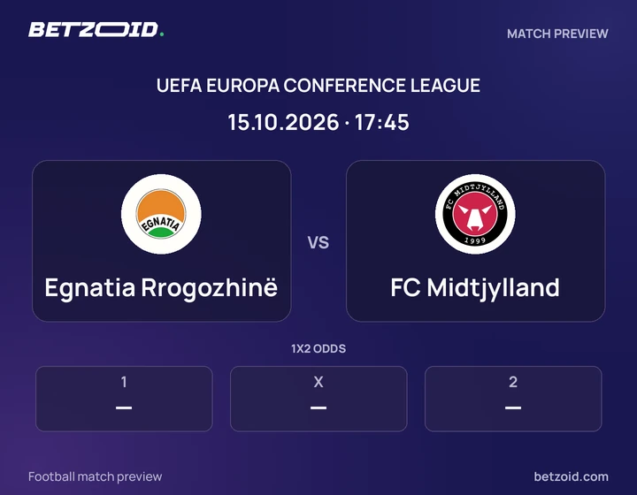 Egnatia Rrogozhinë vs FC Midtjylland: UEFA Europa Conference League match preview with team badges and kick-off details.