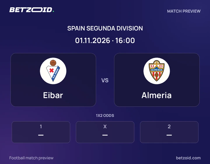 Eibar vs Almeria: Spain Segunda Division match preview with team badges and kick-off details.