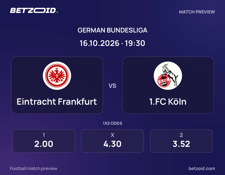 Eintracht Frankfurt – 1.FC Köln Eintracht Frankfurt – 1.FC Köln: Spielvorschau zum Wettbewerb Bundesliga mit Teamlogos und Anstoßzeit.