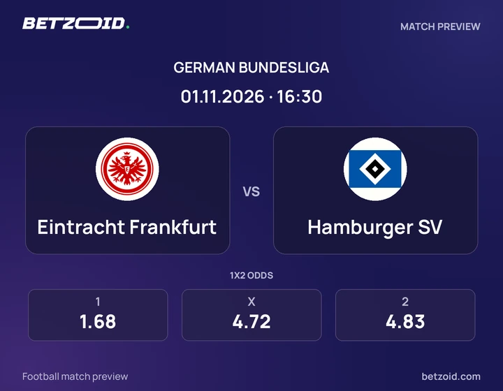 Eintracht Frankfurt – Hamburger SV Eintracht Frankfurt – Hamburger SV: Spielvorschau zum Wettbewerb Bundesliga mit Teamlogos und Anstoßzeit.