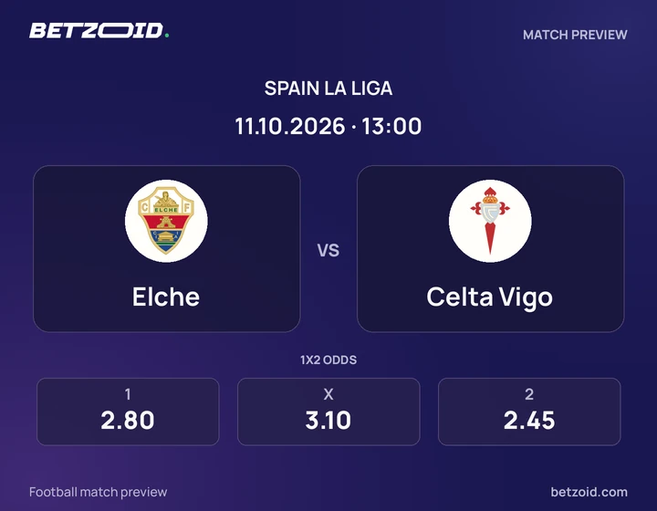 Elche - Celta Vigo Elche vs Celta Vigo: Spain La Liga match preview with team badges and kick-off details.