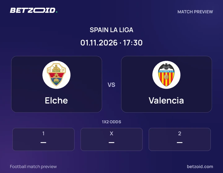 Elche vs Valencia: Spain La Liga match preview with team badges and kick-off details.