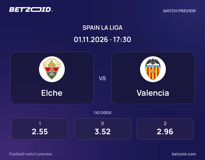 Elche - Valencia Elche vs Valencia: Spain La Liga match preview with team badges and kick-off details.