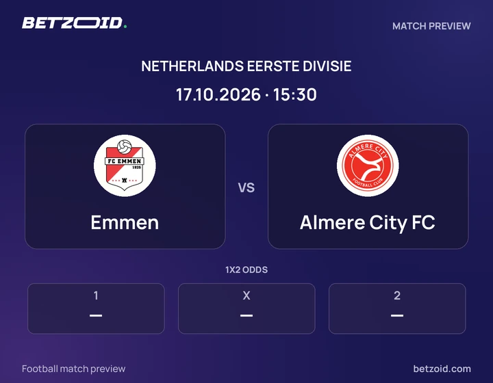 Emmen vs Almere City FC: Netherlands Eerste Divisie match preview with team badges and kick-off details.