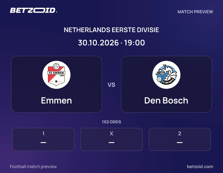 Emmen vs Den Bosch: Netherlands Eerste Divisie match preview with team badges and kick-off details.