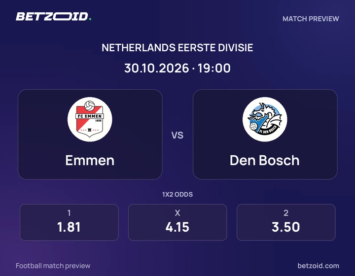 Emmen - Den Bosch Emmen vs Den Bosch: Netherlands Eerste Divisie match preview with team badges and kick-off details.