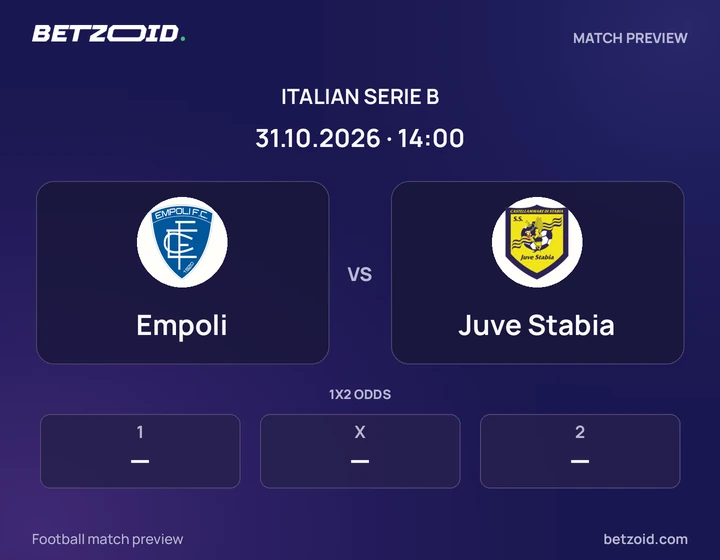 Empoli vs Juve Stabia: Italian Serie B match preview with team badges and kick-off details.