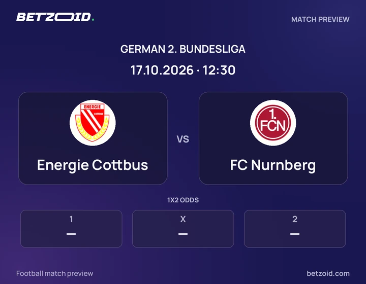 Energie Cottbus vs FC Nurnberg: German 2. Bundesliga match preview with team badges and kick-off details.