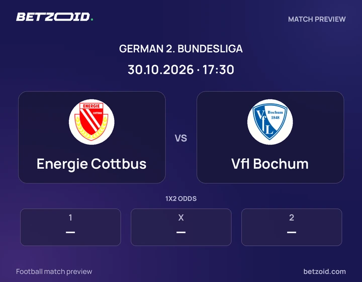 Energie Cottbus vs Vfl Bochum: German 2. Bundesliga match preview with team badges and kick-off details.