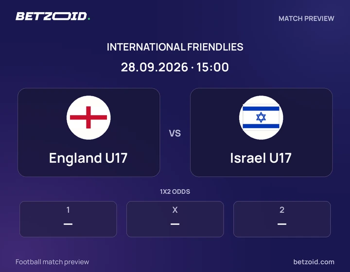 England U17 vs Israel U17: International Friendlies match preview with team badges and kick-off details.