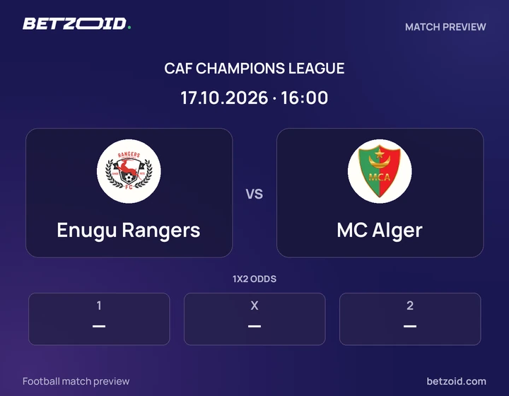 Enugu Rangers vs MC Alger: CAF Champions League match preview with team badges and kick-off details.
