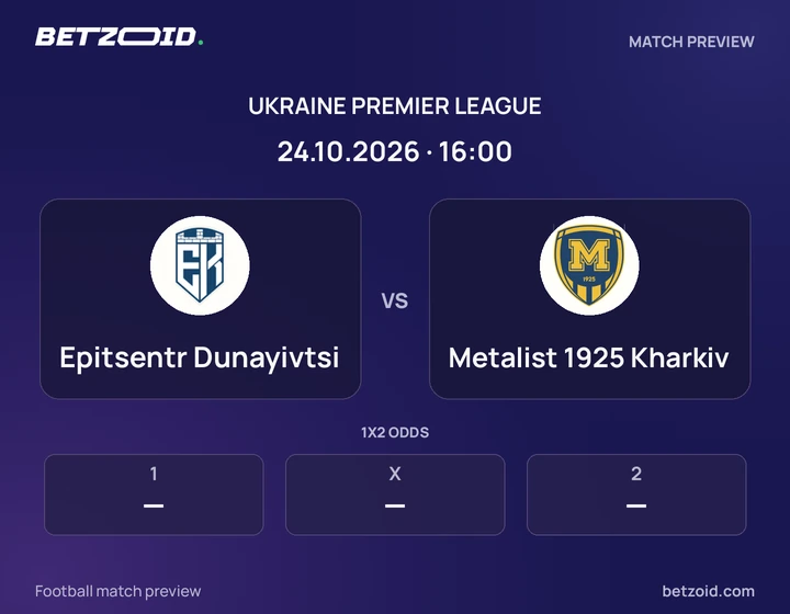 Epitsentr Dunayivtsi vs Metalist 1925 Kharkiv: Ukraine Premier League match preview with team badges and kick-off details.