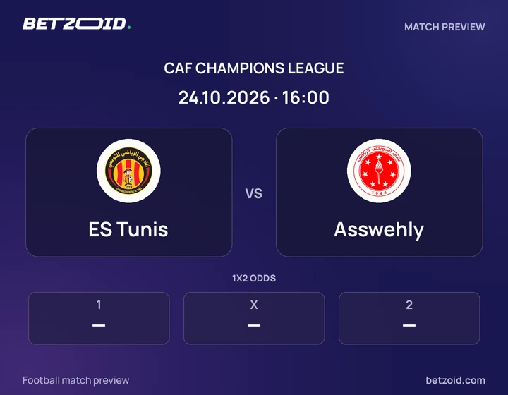 ES Tunis vs Asswehly: CAF Champions League match preview with team badges and kick-off details.
