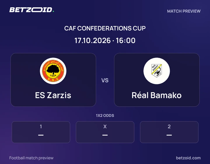 ES Zarzis - Réal Bamako ES Zarzis vs Réal Bamako: CAF Confederations Cup match preview with team badges and kick-off details.