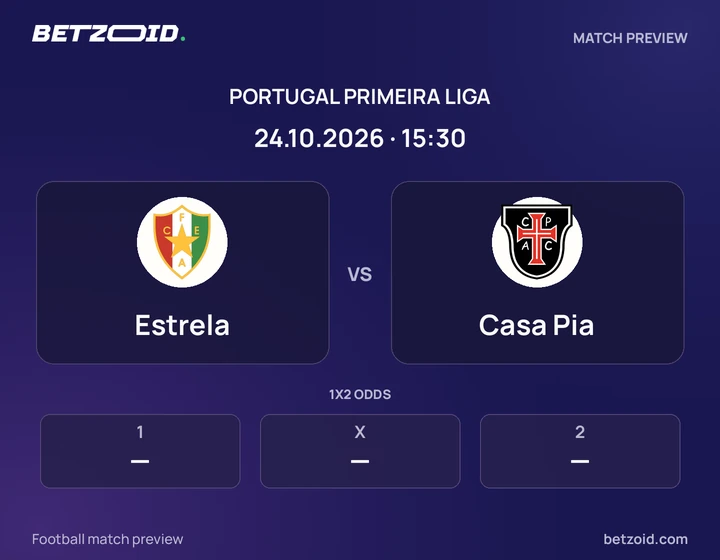 Estrela vs Casa Pia: Portugal Primeira Liga match preview with team badges and kick-off details.