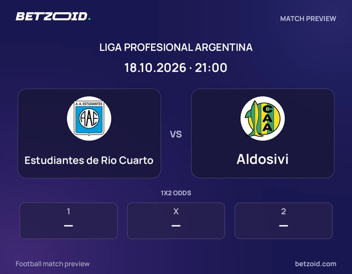 Estudiantes de Rio Cuarto vs Aldosivi: Liga Profesional Argentina match preview with team badges and kick-off details.