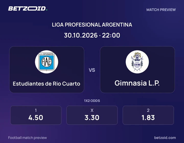 Estudiantes de Rio Cuarto - Gimnasia L.P. Estudiantes de Rio Cuarto vs Gimnasia L.P.: Liga Profesional Argentina match preview with team badges and kick-off details.