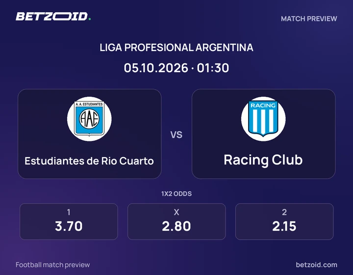 Estudiantes de Rio Cuarto - Racing Club Estudiantes de Rio Cuarto vs Racing Club: Liga Profesional Argentina match preview with team badges and kick-off details.