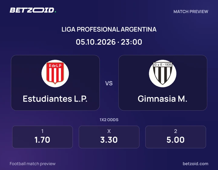 Estudiantes L.P. - Gimnasia M. Estudiantes L.P. vs Gimnasia M.: Liga Profesional Argentina match preview with team badges and kick-off details.