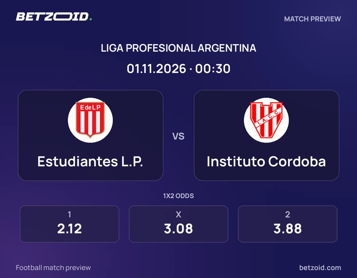 Estudiantes L.P. - Instituto Cordoba Estudiantes L.P. vs Instituto Cordoba: Liga Profesional Argentina match preview with team badges and kick-off details.