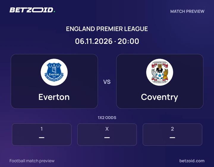 Everton - Coventry Everton vs Coventry: England Premier League match preview with team badges and kick-off details.