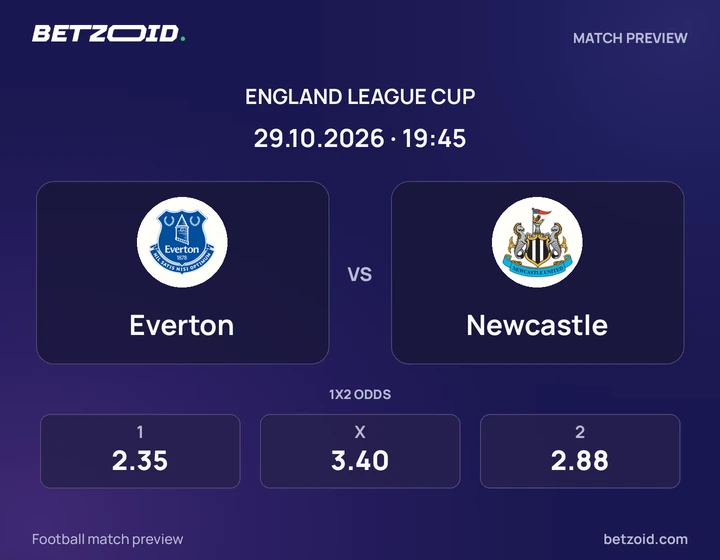 Everton vs Newcastle: England League Cup match preview with team badges and kick-off details.