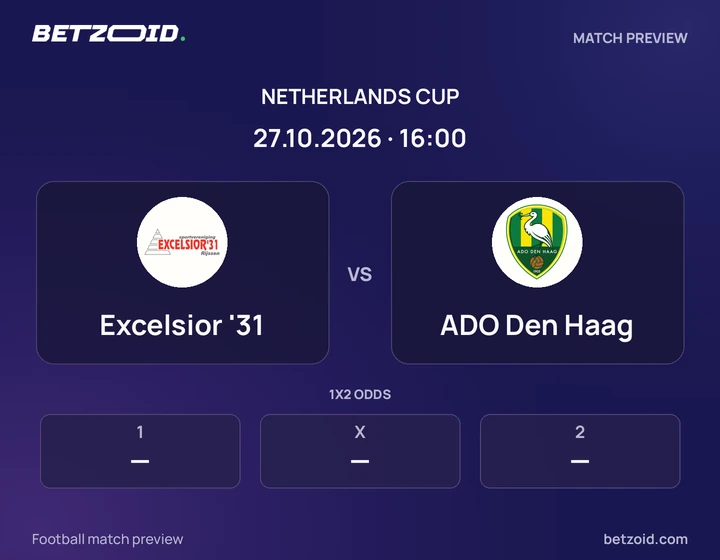 Excelsior '31 vs ADO Den Haag: Netherlands Cup match preview with team badges and kick-off details.