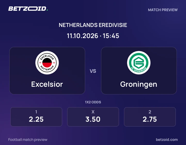 Excelsior vs Groningen: Netherlands Eredivisie match preview with team badges and kick-off details.