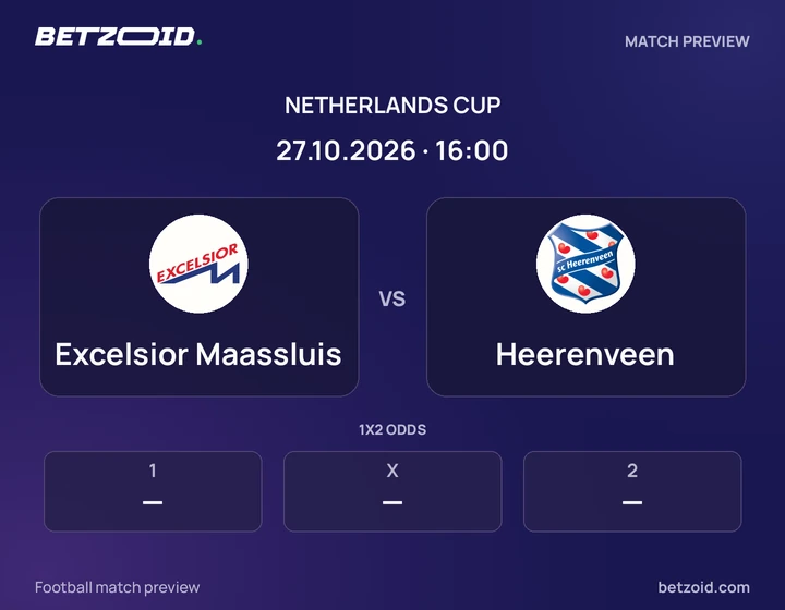 Excelsior Maassluis vs Heerenveen: Netherlands Cup match preview with team badges and kick-off details.