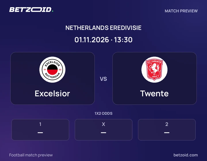 Excelsior vs Twente: Netherlands Eredivisie match preview with team badges and kick-off details.