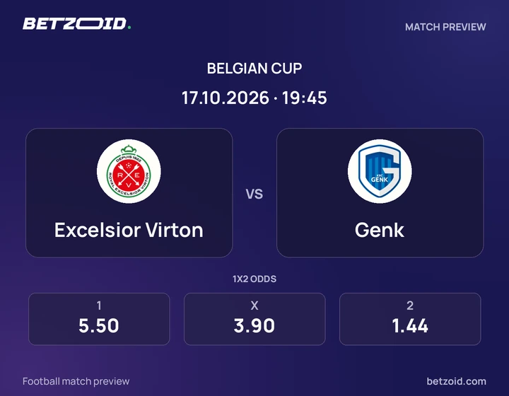 Excelsior Virton vs Genk: Belgian Cup match preview with team badges and kick-off details.