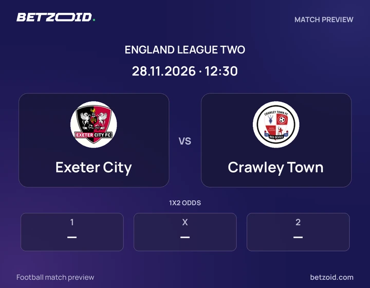 Exeter City vs Crawley Town: England League Two match preview with team badges and kick-off details.