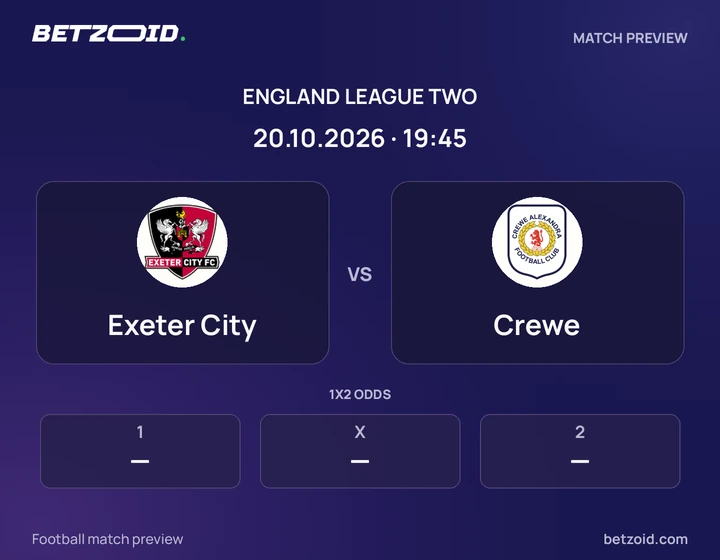 Exeter City vs Crewe: England League Two match preview with team badges and kick-off details.