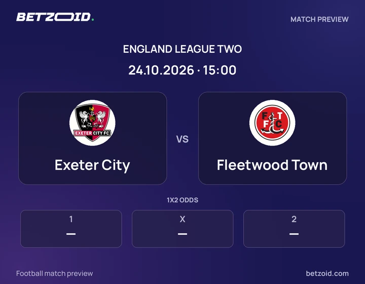 Exeter City vs Fleetwood Town: England League Two match preview with team badges and kick-off details.