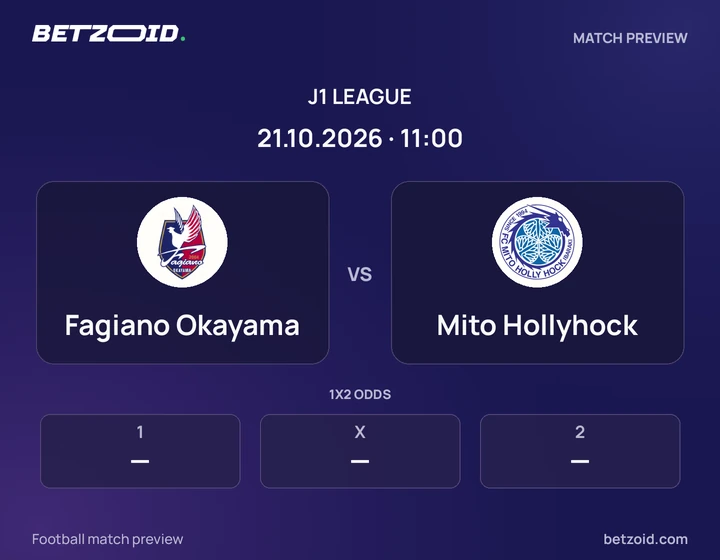 Fagiano Okayama vs Mito Hollyhock: J1 League match preview with team badges and kick-off details.