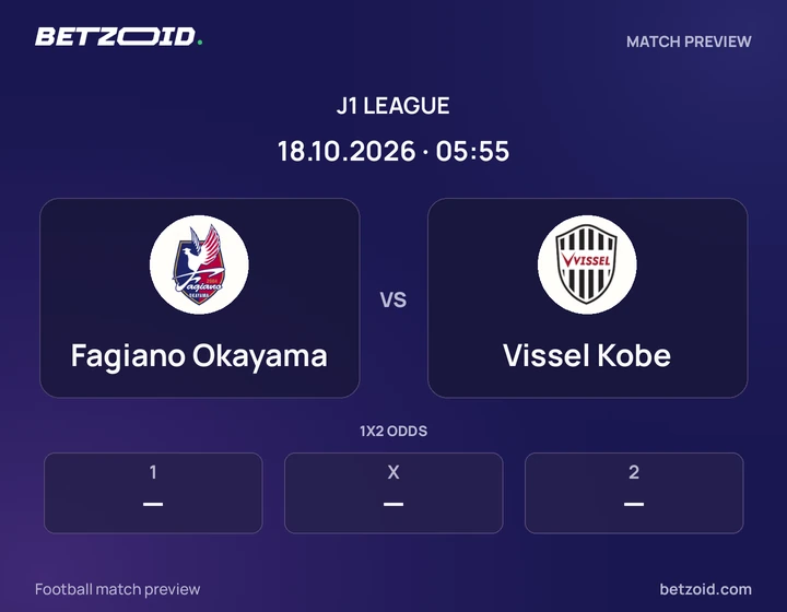 Fagiano Okayama vs Vissel Kobe: J1 League match preview with team badges and kick-off details.