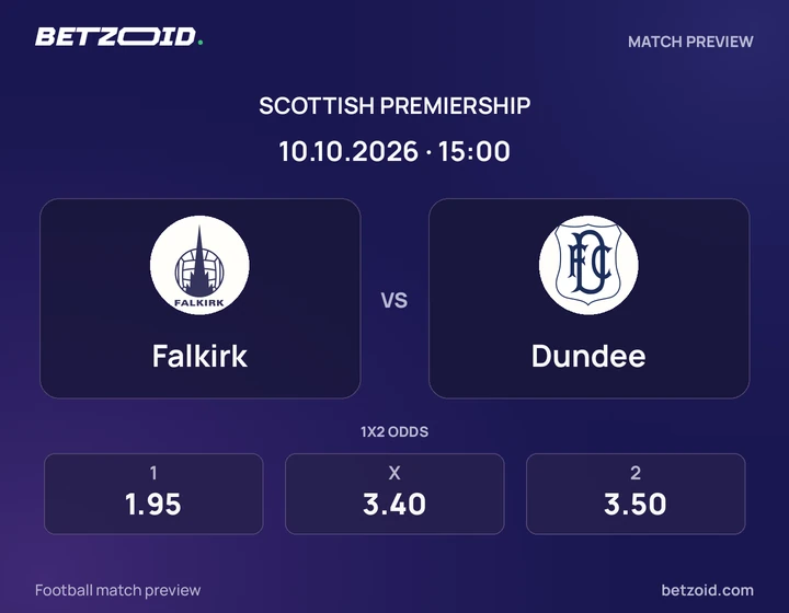 Falkirk vs Dundee: Scottish Premiership match preview with team badges and kick-off details.