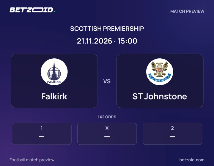 Falkirk vs ST Johnstone: Scottish Premiership match preview with team badges and kick-off details.
