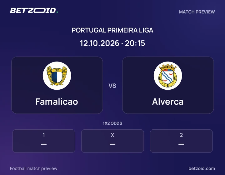Famalicao vs Alverca: Portugal Primeira Liga match preview with team badges and kick-off details.