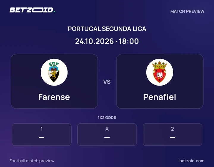Farense vs Penafiel: Portugal Segunda Liga match preview with team badges and kick-off details.