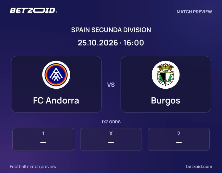 FC Andorra vs Burgos: Spain Segunda Division match preview with team badges and kick-off details.