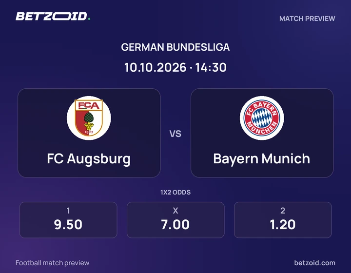 FC Augsburg vs Bayern Munich: German Bundesliga match preview with team badges and kick-off details.