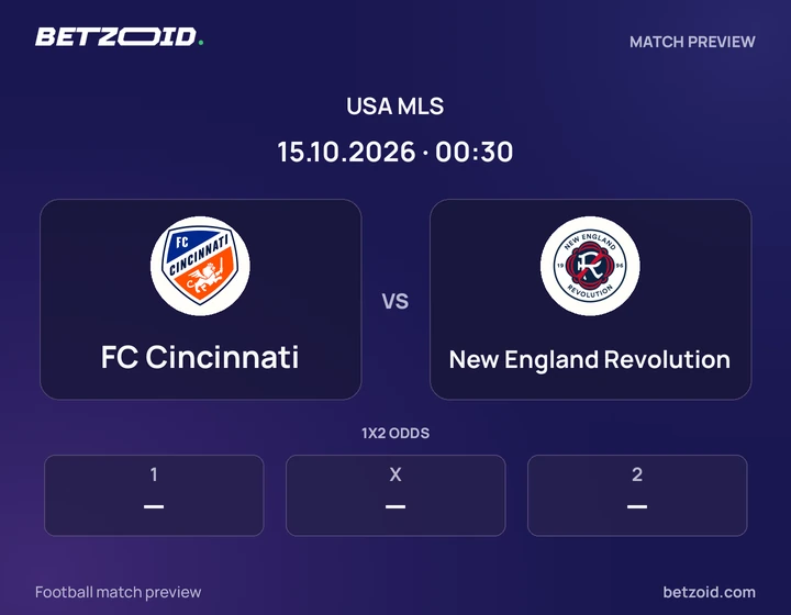 FC Cincinnati vs New England Revolution: USA MLS match preview with team badges and kick-off details.