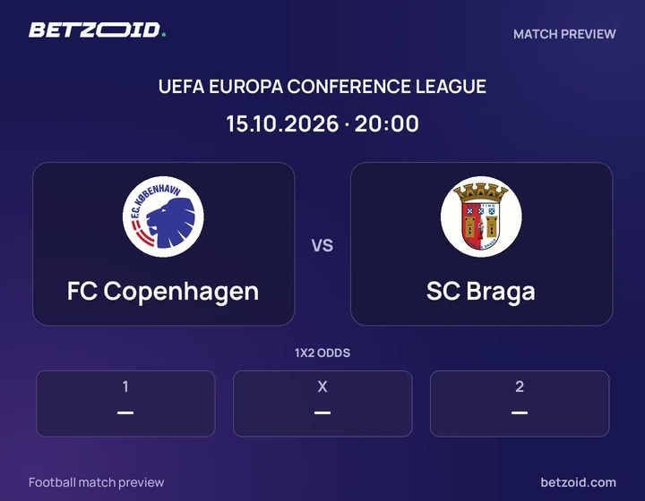 FC Copenhagen vs SC Braga: UEFA Europa Conference League match preview with team badges and kick-off details.