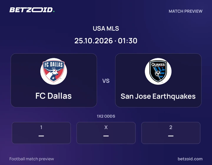 FC Dallas vs San Jose Earthquakes: USA MLS match preview with team badges and kick-off details.