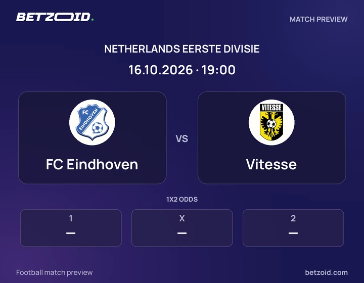 FC Eindhoven vs Vitesse: Netherlands Eerste Divisie match preview with team badges and kick-off details.