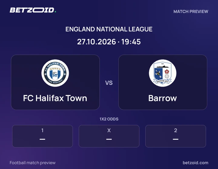 FC Halifax Town vs Barrow: England National League match preview with team badges and kick-off details.