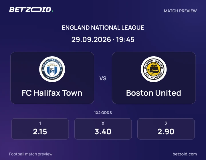 FC Halifax Town vs Boston United: England National League match preview with team badges and kick-off details.